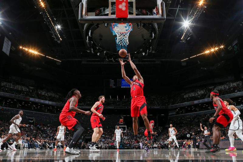 BROOKLYN, NY - OCTOBER 18: Scottie Barnes #4 of the Toronto Raptors rebounds the ball during the game on October 18, 2024 at Barclays Center in Brooklyn, New York. NOTE TO USER: User expressly acknowledges and agrees that, by downloading and or using this Photograph, user is consenting to the terms and conditions of the Getty Images License Agreement. Mandatory Copyright Notice: Copyright 2024 NBAE (Photo by Nathaniel S. Butler/NBAE via Getty Images)