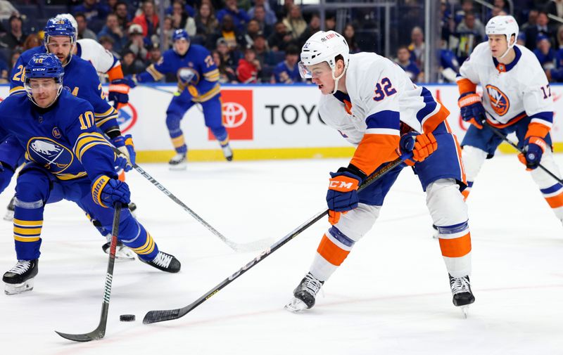 Mar 14, 2024; Buffalo, New York, USA;  Buffalo Sabres defenseman Henri Jokiharju (10) tries to block a pass by Buffalo Sabres defenseman Henri Jokiharju (10) at KeyBank Center. Mandatory Credit: Timothy T. Ludwig-USA TODAY Sports