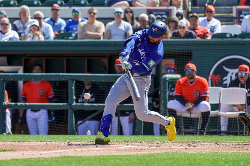 Feb 25, 2026; Lakeland, Florida, USA; Toronto Blue Jays outfielder Jonatan Clase (8) bats during the second inning against the Detroit Tigers at Publix Field at Joker Marchant Stadium. Mandatory Credit: Mike Watters-Imagn Images