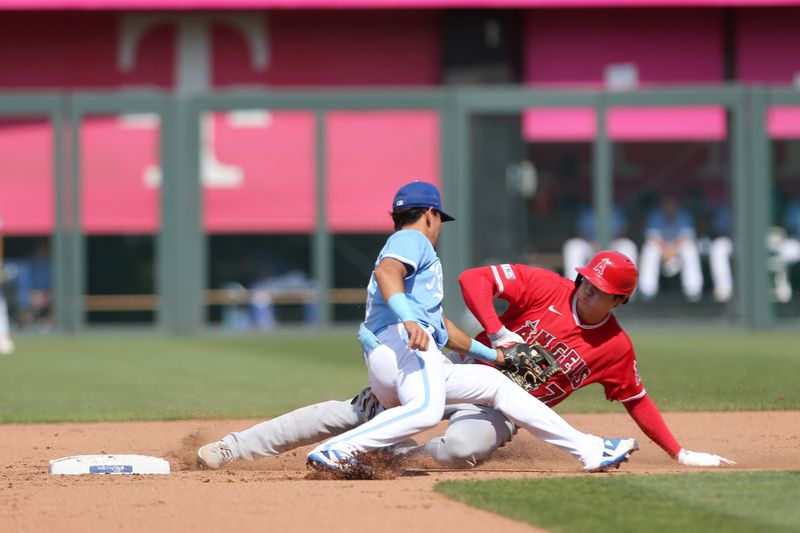 Jun 17, 2023; Kansas City, Missouri, USA; Kansas City Royals second baseman Nicky Lopez (8) makes the tag on Los Angeles Angels designated hitter Shohei Ohtani (17) during the fourth inning at Kauffman Stadium. Mandatory Credit: Scott Sewell-USA TODAY Sports