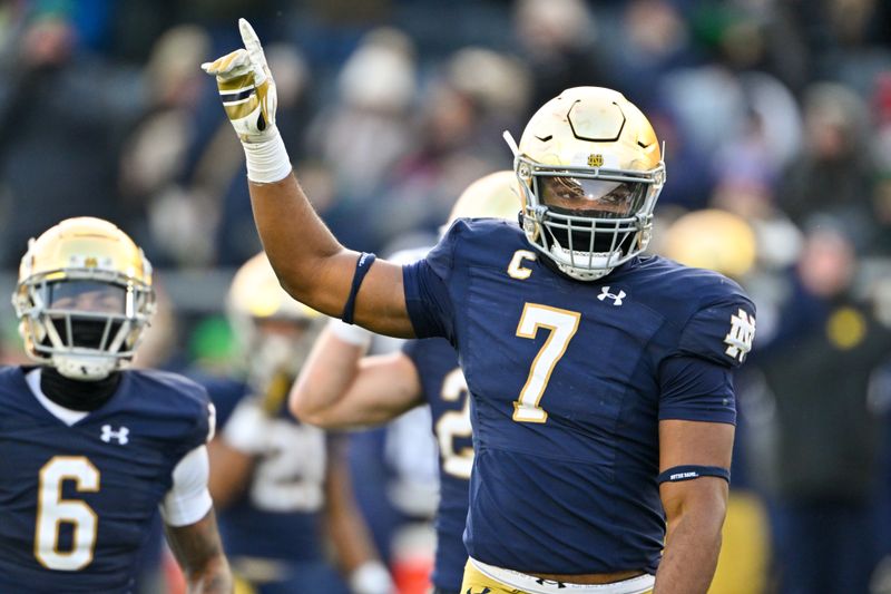 Nov 19, 2022; South Bend, Indiana, USA; Notre Dame Fighting Irish defensive lineman Isaiah Foskey (7) acknowledges the crowd after a sack in the second quarter against the Boston College Eagles. Mandatory Credit: Matt Cashore-USA TODAY Sports