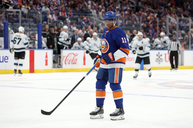 Oct 10, 2024; Elmont, New York, USA; New York Islanders left wing Anthony Duclair (11) skates against the Utah Hockey Club during the first period at UBS Arena. Mandatory Credit: Brad Penner-Imagn Images