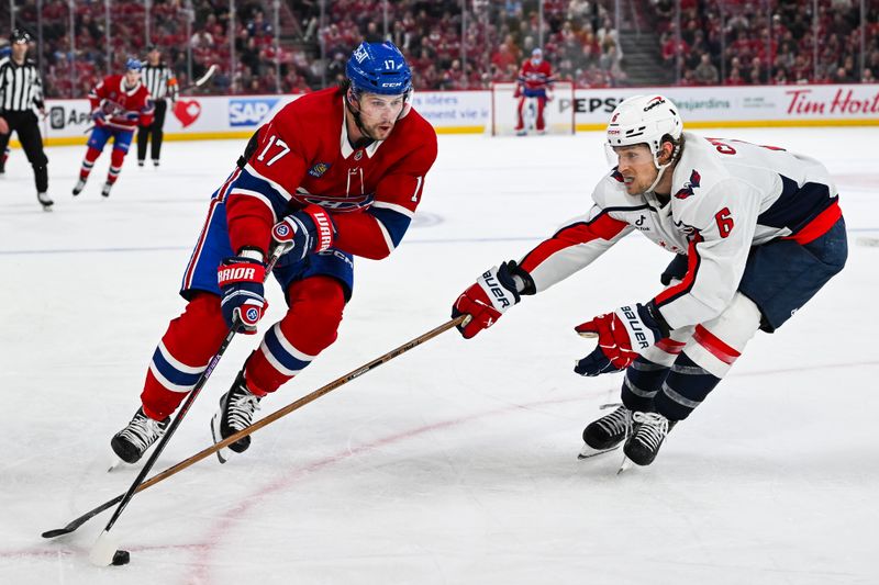 Apr 27, 2025; Montreal, Quebec, CAN; Montreal Canadiens right wing Josh Anderson (17) plays the puck against Washington Capitals defenseman Jakob Chychrun (6) during the third period in game four of the first round of the 2025 Stanley Cup Playoffs at Bell Centre. Mandatory Credit: David Kirouac-Imagn Images