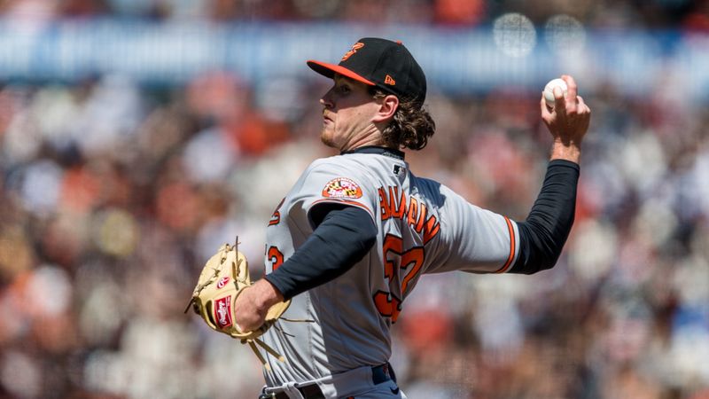 Jun 4, 2023; San Francisco, California, USA;  Baltimore Orioles relief pitcher Mike Baumann (53) throws against the San Francisco Giants during the seventh inning at Oracle Park. Mandatory Credit: John Hefti-USA TODAY Sports