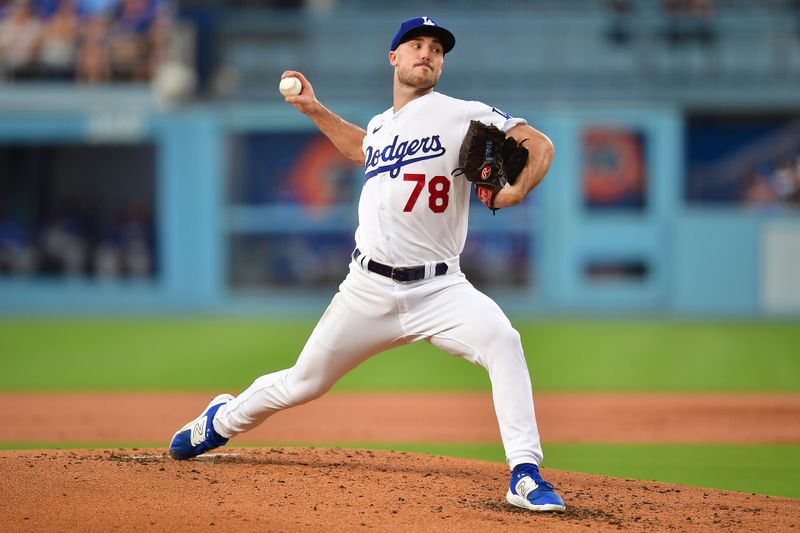 Jul 24, 2023; Los Angeles, California, USA; Los Angeles Dodgers starting pitcher Michael Grove (78) throws against the Toronto Blue Jays during the second inning at Dodger Stadium. Mandatory Credit: Gary A. Vasquez-USA TODAY Sports