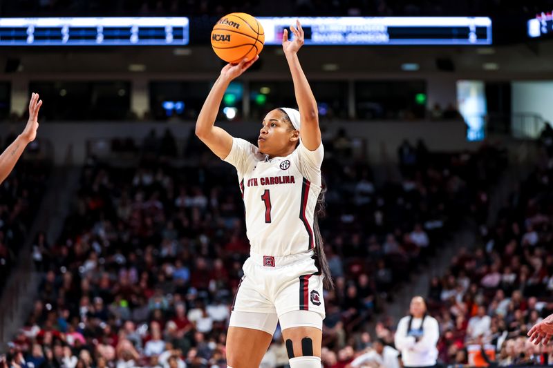 Jan 15, 2023; Columbia, South Carolina, USA; South Carolina Gamecocks guard Zia Cooke (1) shoots against the Missouri Tigers in the first half at Colonial Life Arena. Mandatory Credit: Jeff Blake-USA TODAY Sports