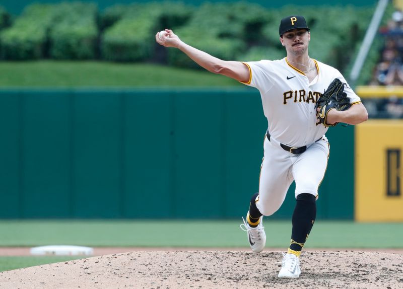 May 11, 2024; Pittsburgh, Pennsylvania, USA;  Pittsburgh Pirates starting pitcher Paul Skenes (30) pitches against the Chicago Cubs during the fourth inning at PNC Park. Mandatory Credit: Charles LeClaire-USA TODAY Sports