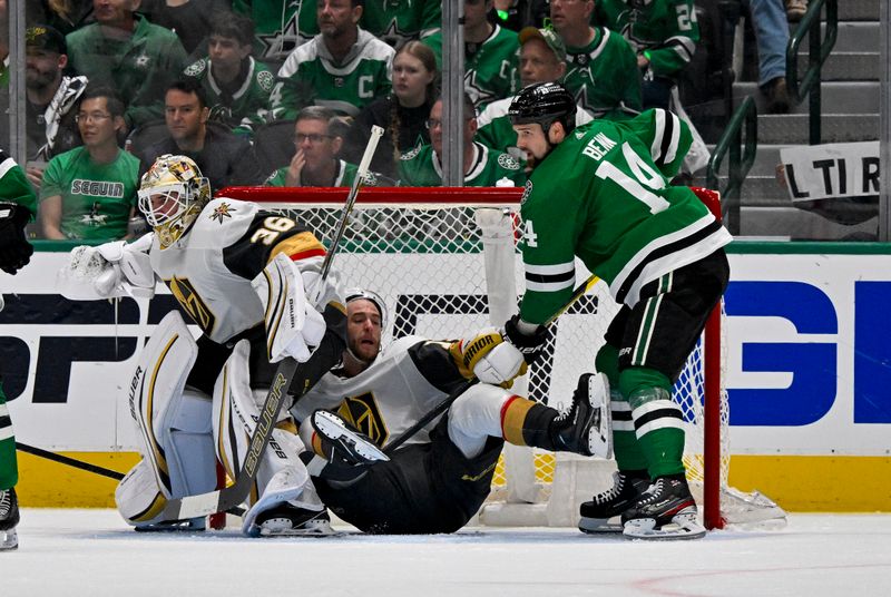 Apr 24, 2024; Dallas, Texas, USA; Vegas Golden Knights defenseman Brayden McNabb (3) is taken down by Dallas Stars left wing Jamie Benn (14) as Vegas Golden Knights goaltender Logan Thompson (36) faces the Dallas Stars attack during the third period in game two of the first round of the 2024 Stanley Cup Playoffs at American Airlines Center. Mandatory Credit: Jerome Miron-USA TODAY Sports