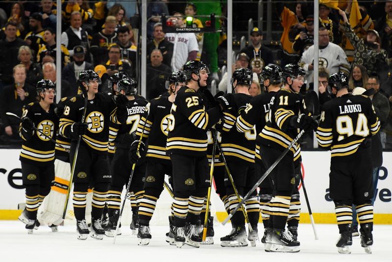 Apr 20, 2024; Boston, Massachusetts, USA; The Boston Bruins celebrate after defeating the Toronto Maple Leafs in game one of the first round of the 2024 Stanley Cup Playoffs at TD Garden. Mandatory Credit: Bob DeChiara-USA TODAY Sports