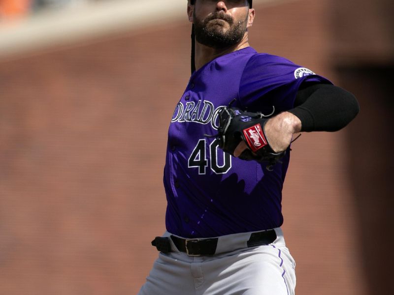 May 18, 2024; San Francisco, California, USA; Colorado Rockies pitcher Tyler Kinley (40) delivers a pitch against the San Francisco Giants during the eighth inning at Oracle Park. Mandatory Credit: D. Ross Cameron-USA TODAY Sports