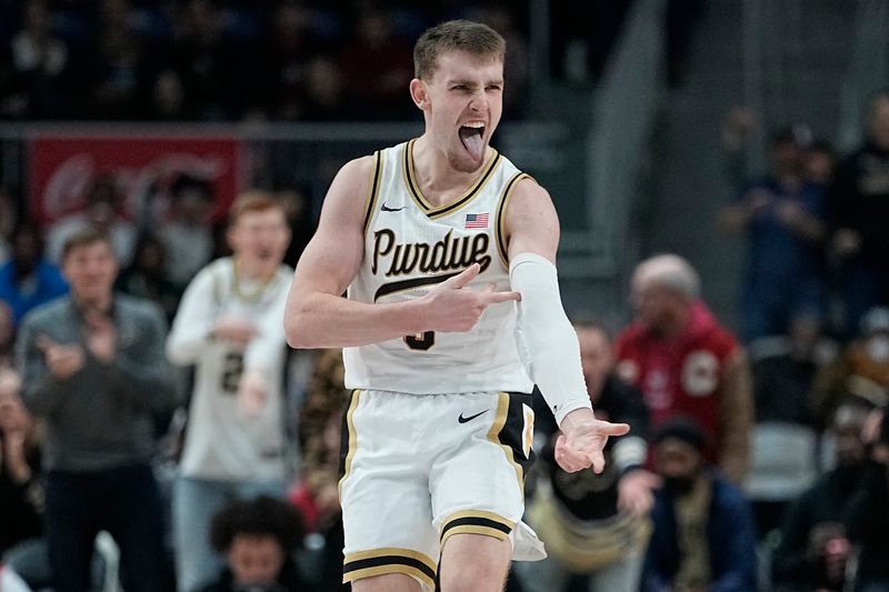 Dec 9, 2023; Toronto, Ontario, CAN; Purdue Boilermakers guard Braden Smith (3) reaxcts after making a three point basket against the Alabama Crimson Tide during the second half at Coca-Cola Coliseum. Mandatory Credit: John E. Sokolowski-USA TODAY Sports