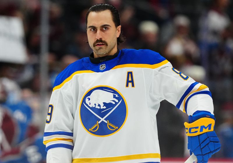 Nov 13, 2025; Denver, Colorado, USA; Buffalo Sabres right wing Alex Tuch (89) before a game against the Colorado Avalanche at Ball Arena. Mandatory Credit: Ron Chenoy-Imagn Images