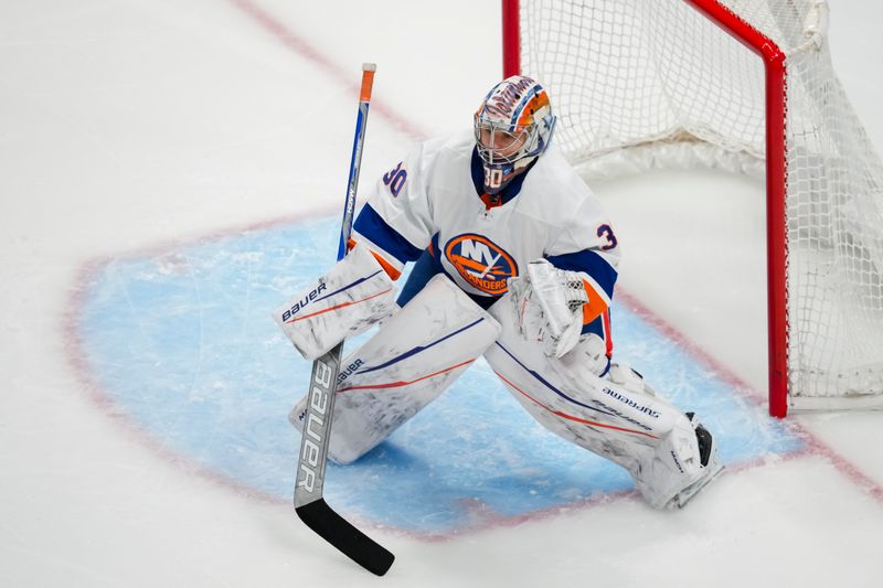 Apr 4, 2024; Columbus, Ohio, USA;  New York Islanders goaltender Ilya Sorokin (30) defends the net against the Columbus Blue Jackets in the first period at Nationwide Arena. Mandatory Credit: Aaron Doster-USA TODAY Sports