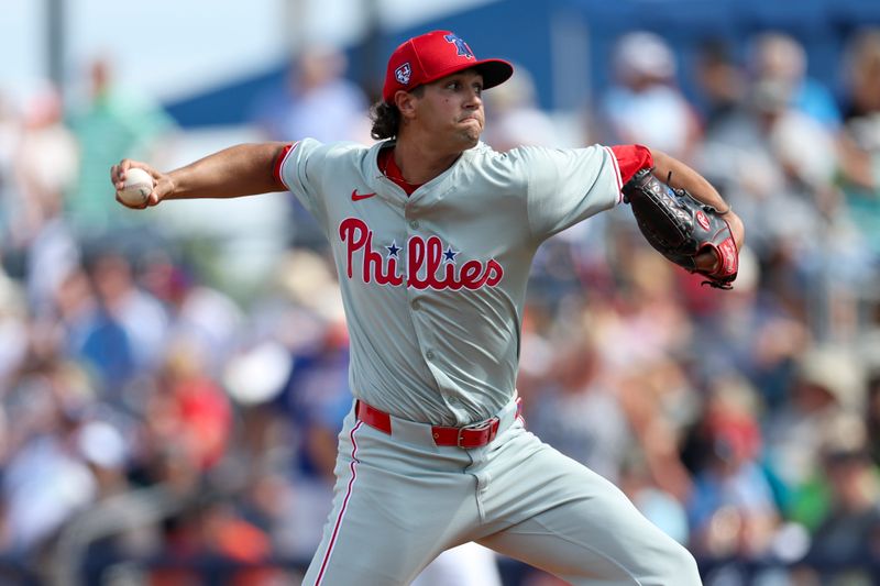 Mar 7, 2024; Port Charlotte, Florida, USA; Philadelphia Phillies pitcher Tyler Philips (72) throws a pitch against the Tampa Bay Rays in the sixth inning at Charlotte Sports Park. Mandatory Credit: Nathan Ray Seebeck-USA TODAY Sports