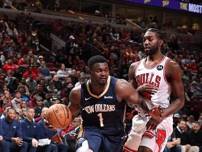 CHICAGO, IL - DECEMBER 2: Zion Williamson #1 of the New Orleans Pelicans drives to the basket during the game against the Chicago Bulls on December 2, 2023 at United Center in Chicago, Illinois. NOTE TO USER: User expressly acknowledges and agrees that, by downloading and or using this photograph, User is consenting to the terms and conditions of the Getty Images License Agreement. Mandatory Copyright Notice: Copyright 2023 NBAE (Photo by Jeff Haynes/NBAE via Getty Images)