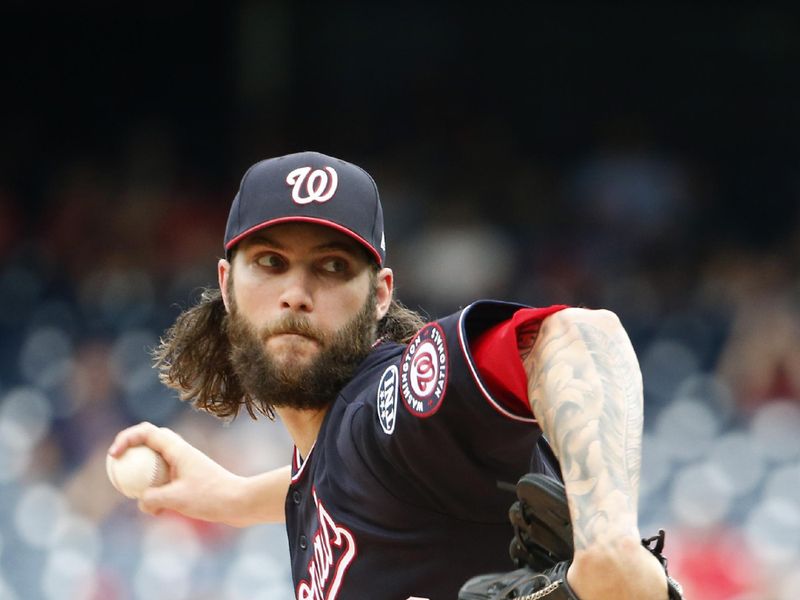 Sep 10, 2023; Washington, District of Columbia, USA; Washington Nationals starting pitcher Trevor Williams (32) throws the ball in the first inning against the Los Angeles Dodgers at Nationals Park. Mandatory Credit: Amber Searls-USA TODAY Sports