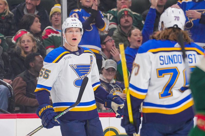 Nov 28, 2023; Saint Paul, Minnesota, USA; St. Louis Blues defenseman Colton Parayko (55) celebrates his goal against the Minnesota Wild in the first period at Xcel Energy Center. Mandatory Credit: Brad Rempel-USA TODAY Sports