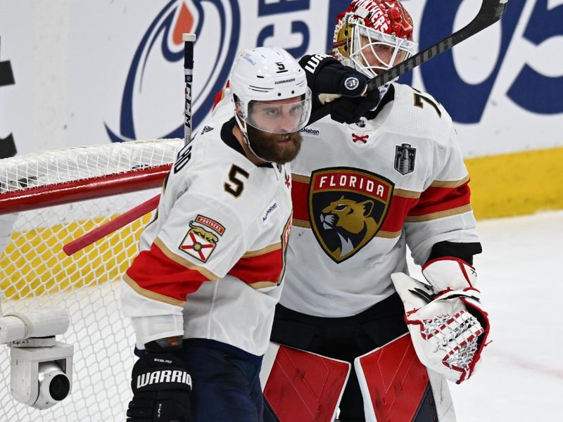 Jun 13, 2024; Edmonton, Alberta, CAN; Florida Panthers defenseman Aaron Ekblad (5) celebrates with goaltender Sergei Bobrovsky (72) after defeating Edmonton Oilers in game three of the 2024 Stanley Cup Final at Rogers Place. Mandatory Credit: Walter Tychnowicz-USA TODAY Sports