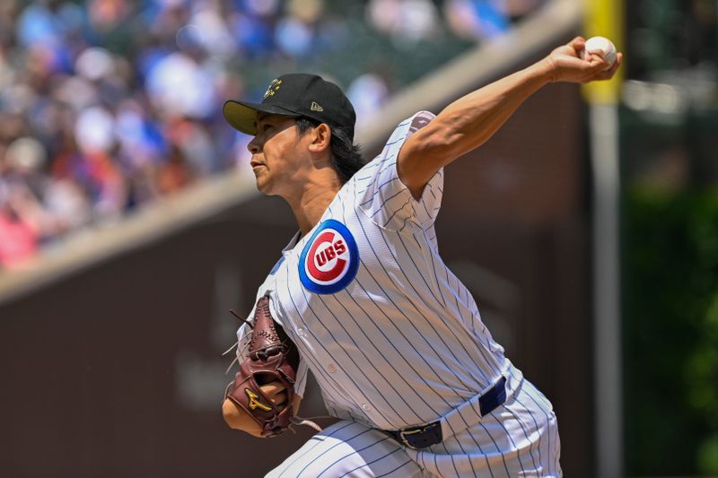 May 18, 2024; Chicago, Illinois, USA; Chicago Cubs pitcher Shota Imanaga (18) delivers against the Pittsburgh Pirates during the first inning at Wrigley Field. Mandatory Credit: Matt Marton-USA TODAY Sports