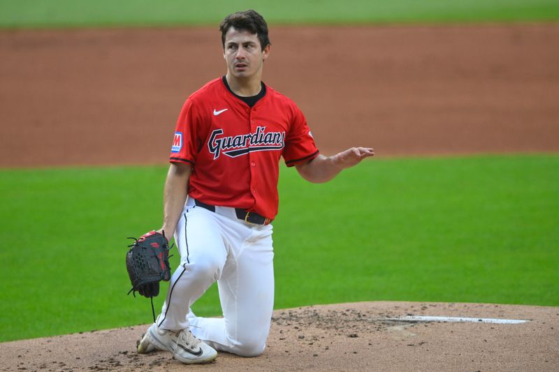 Aug 5, 2024; Cleveland, Ohio, USA; Cleveland Guardians starting pitcher Logan Allen (41) reacts after he was hit in the head by a batted ball in the first inning against the Arizona Diamondbacks at Progressive Field. Mandatory Credit: David Richard-USA TODAY Sports