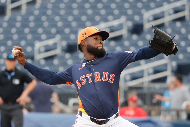 Mar 18, 2024; West Palm Beach, Florida, USA;  Houston Astros pitcher Christian Javier throws a pitch during the first inning against the Washington Nationals at The Ballpark of the Palm Beaches. Mandatory Credit: Reinhold Matay-USA TODAY Sports