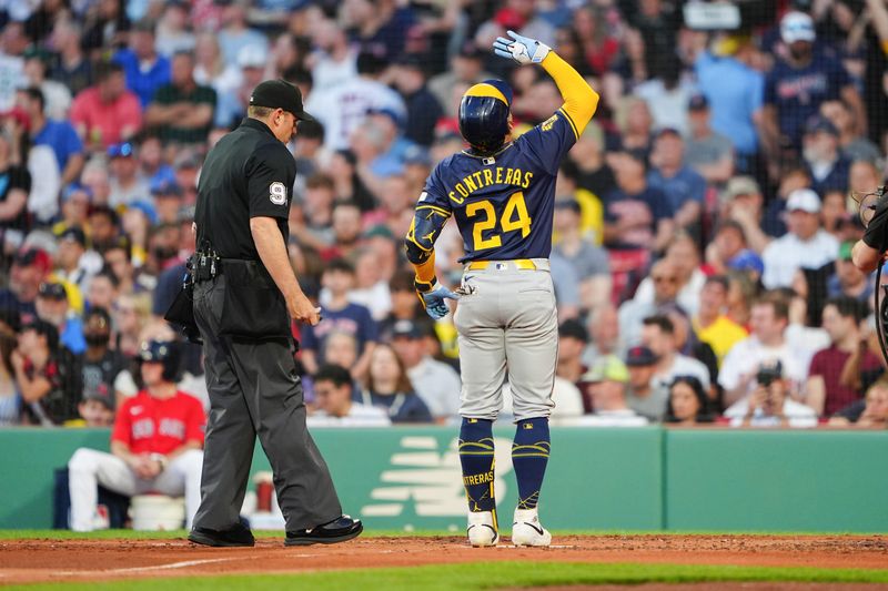 May 24, 2024; Boston, Massachusetts, USA; Milwaukee Brewers catcher William Contreras (24) reacts to hitting a two-run home run as he crosses home plate against the Boston Red Sox during the third inning at Fenway Park. Mandatory Credit: Gregory Fisher-USA TODAY Sports