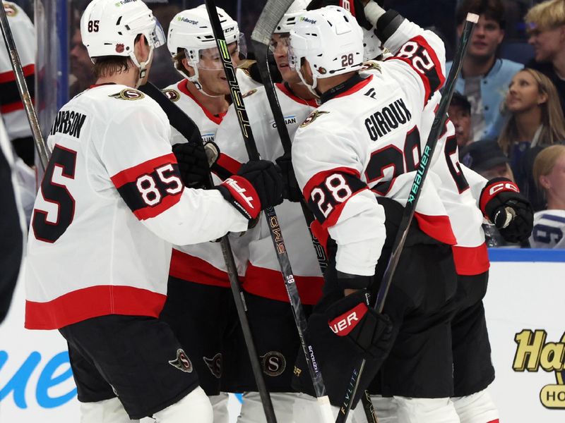 Oct 9, 2025; Tampa, Florida, USA; Ottawa Senators center Shane Pinto (12) is congratulated after he scored a goal against the Tampa Bay Lightning during the second period at Benchmark International Arena. Mandatory Credit: Kim Klement Neitzel-Imagn Images