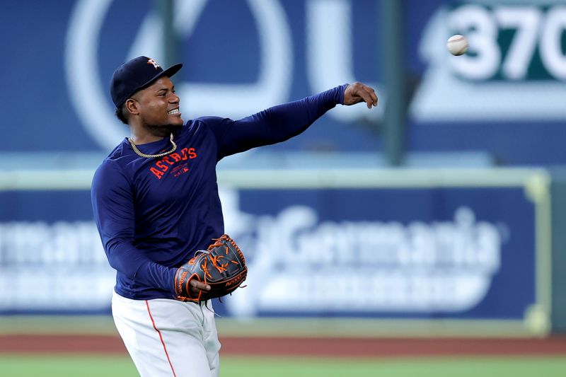 Apr 30, 2024; Houston, Texas, USA; Houston Astros starting pitcher Framber Valdez (59) works out prior to the game against the Cleveland Guardians at Minute Maid Park. Mandatory Credit: Erik Williams-USA TODAY Sports