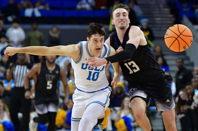 January 14, 2024; Los Angeles, California, USA; UCLA Bruins guard Lazar Stefanovic (10) plays for the ball against Washington Huskies forward Moses Wood (13) during the second half at Pauley Pavilion. Mandatory Credit: Gary A. Vasquez-USA TODAY Sports