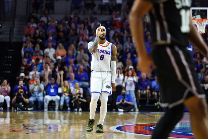 Mar 3, 2026; Gainesville, Florida, USA; Florida Gators guard Boogie Fland (0) reacts after a three-point basket against the Mississippi State Bulldogs during the second half at Exactech Arena at the Stephen C. O'Connell Center. Mandatory Credit: Morgan Tencza-Imagn Images
