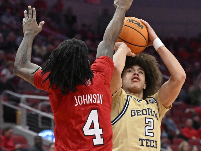 Feb 10, 2024; Louisville, Kentucky, USA; Georgia Tech Yellow Jackets guard Naithan George (2) shoots again Louisville Cardinals guard Ty-Laur Johnson (4) during the first half at KFC Yum! Center. Mandatory Credit: Jamie Rhodes-USA TODAY Sports