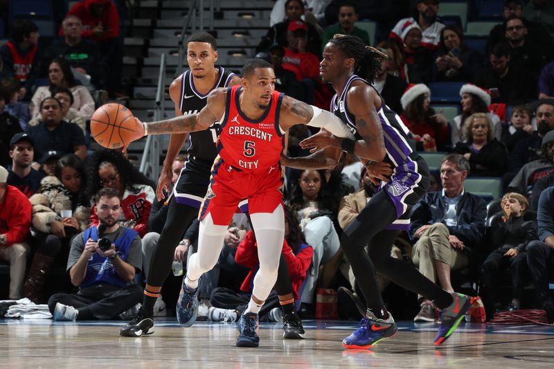 NEW ORLEANS, LA - DECEMBER 12: Dejounte Murray #5 of the New Orleans Pelicans dribbles the ball during the game against the Sacramento Kings on December 12, 2024 at the Smoothie King Center in New Orleans, Louisiana. NOTE TO USER: User expressly acknowledges and agrees that, by downloading and or using this Photograph, user is consenting to the terms and conditions of the Getty Images License Agreement. Mandatory Copyright Notice: Copyright 2024 NBAE (Photo by Layne Murdoch Jr./NBAE via Getty Images)