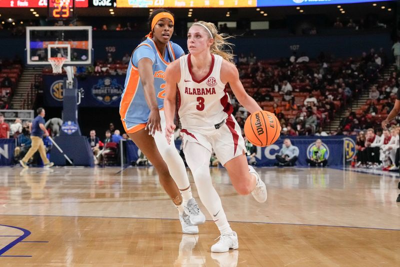 Mar 8, 2024; Greensville, SC, USA; Alabama Crimson Tide guard Sarah Ashlee Barker (3) drives to the basket past Tennessee Lady Vols center Tamari Key (20) during the first half at Bon Secours Wellness Arena. Mandatory Credit: Jim Dedmon-USA TODAY Sports