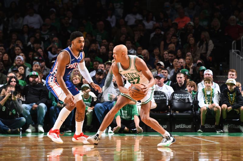 BOSTON, MA - OCTOBER 12: Jordan Walsh #27 of the Boston Celtics handles the ball during the game against the Philadelphia 76ers during a NBA Preseason game on October 12, 2024 at TD Garden in Boston, Massachusetts. NOTE TO USER: User expressly acknowledges and agrees that, by downloading and/or using this Photograph, user is consenting to the terms and conditions of the Getty Images License Agreement. Mandatory Copyright Notice: Copyright 2024 NBAE (Photo by Brian Babineau/NBAE via Getty Images)