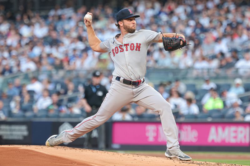 Jul 7, 2024; Bronx, New York, USA; Boston Red Sox starting pitcher Kutter Crawford (50) delivers a pitch during the first inning against the New York Yankees at Yankee Stadium. Mandatory Credit: Vincent Carchietta-USA TODAY Sports