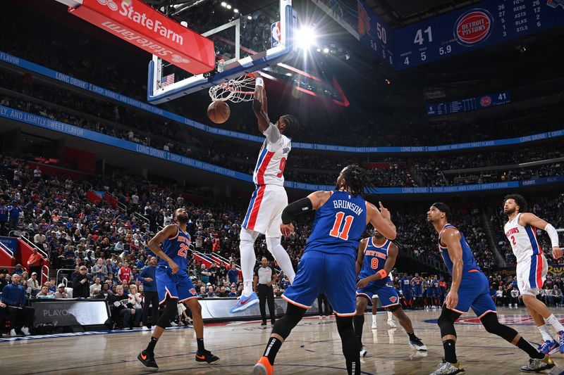 DETROIT, MI - APRIL 27: Ausar Thompson #9 of the Detroit Pistons dunks the ball during the game against the New York Knicks during Round 1 Game 4 of the 2025 NBA Playoffs on April 27, 2025 at Little Caesars Arena in Detroit, Michigan. NOTE TO USER: User expressly acknowledges and agrees that, by downloading and/or using this photograph, User is consenting to the terms and conditions of the Getty Images License Agreement. Mandatory Copyright Notice: Copyright 2025 NBAE(Photo by Chris Schwegler/NBAE via Getty Images)