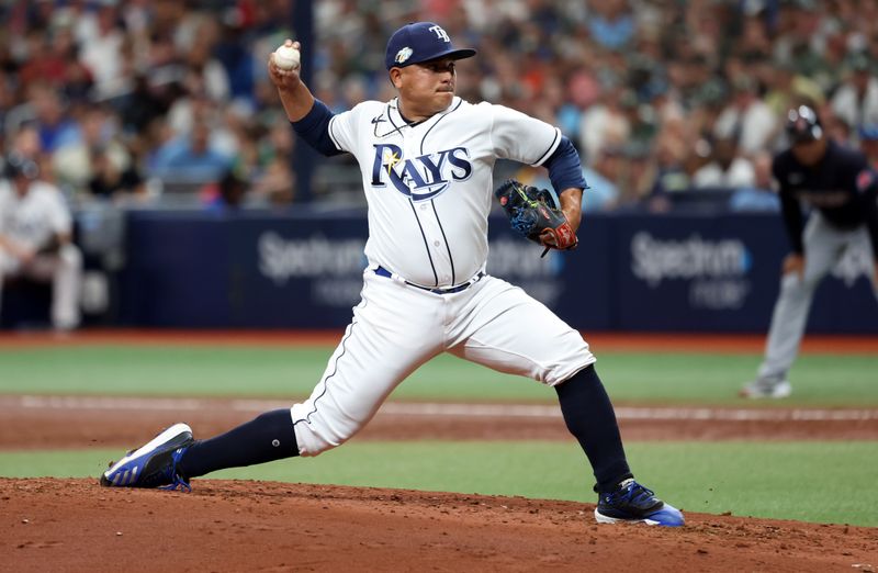 Aug 12, 2023; St. Petersburg, Florida, USA; Tampa Bay Rays relief pitcher Erasmo Ramirez (61) throws a pitch against the Cleveland Guardians during the third inning at Tropicana Field. Mandatory Credit: Kim Klement Neitzel-USA TODAY Sports