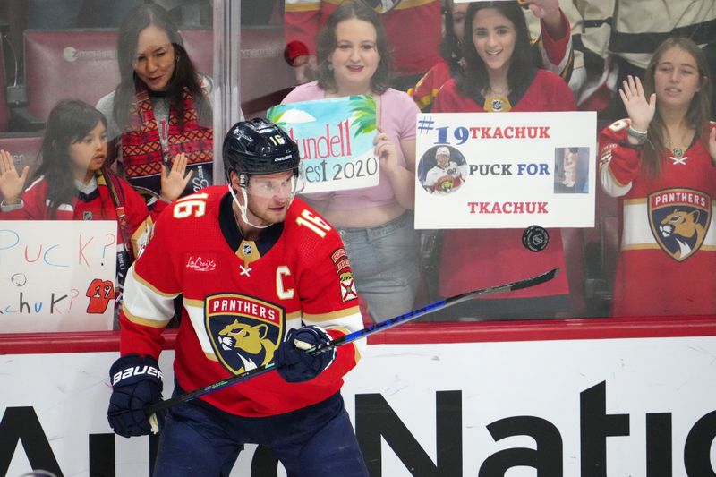 Nov 12, 2023; Sunrise, Florida, USA; Florida Panthers center Aleksander Barkov (16) warms up prior to the game against the Chicago Blackhawks at Amerant Bank Arena. Mandatory Credit: Jasen Vinlove-USA TODAY Sports