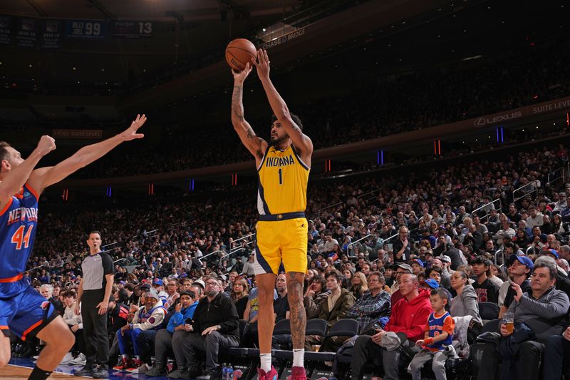 NEW YORK, NY - FEBRUARY 10: Obi Toppin #1 of the Indiana Pacers shoots the ball during the game against the New York Knicks on February 10, 2024 at Madison Square Garden in New York City, New York.  NOTE TO USER: User expressly acknowledges and agrees that, by downloading and or using this photograph, User is consenting to the terms and conditions of the Getty Images License Agreement. Mandatory Copyright Notice: Copyright 2024 NBAE  (Photo by Jesse D. Garrabrant/NBAE via Getty Images)