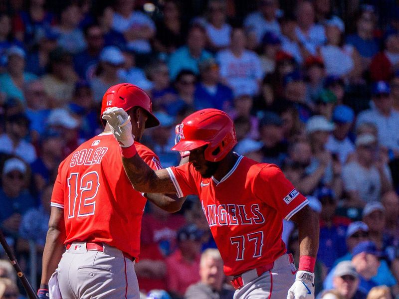 Feb 27, 2025; Mesa, Arizona, USA; Los Angeles Angels infielder Tim Anderson (77) celebrates with outfielder Jorge Soler (12) after hitting a home run in the first inning during a spring training game against the Chicago Cubs at Sloan Park. Mandatory Credit: Allan Henry-Imagn Images