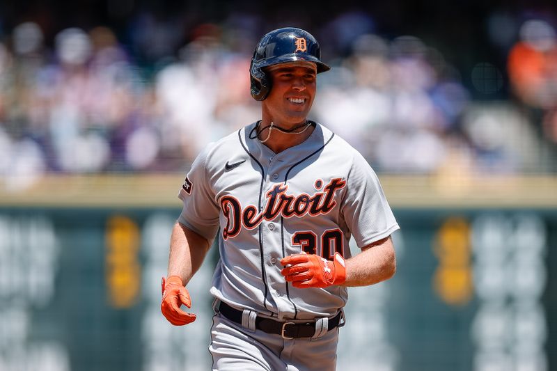 Jul 2, 2023; Denver, Colorado, USA; Detroit Tigers right fielder Kerry Carpenter (30) rounds the bases on a three run home run in the third inning against the Colorado Rockies at Coors Field. Mandatory Credit: Isaiah J. Downing-USA TODAY Sports