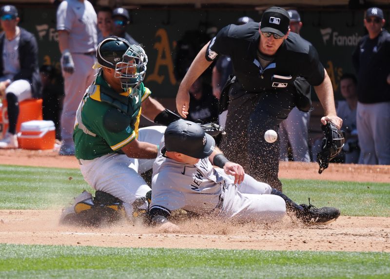 Jun 29, 2023; Oakland, California, USA; Oakland Athletics catcher Carlos Perez (44) is unable to control the ball as New York Yankees center fielder Harrison Bader (22) slides safely home for a run during the fourth inning at Oakland-Alameda County Coliseum. Mandatory Credit: Kelley L Cox-USA TODAY Sports