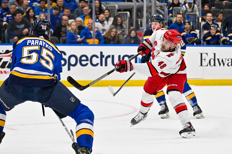 Apr 12, 2024; St. Louis, Missouri, USA;  Carolina Hurricanes left wing Jordan Martinook (48) shoots and scores against the St. Louis Blues during the first period at Enterprise Center. Mandatory Credit: Jeff Curry-USA TODAY Sports