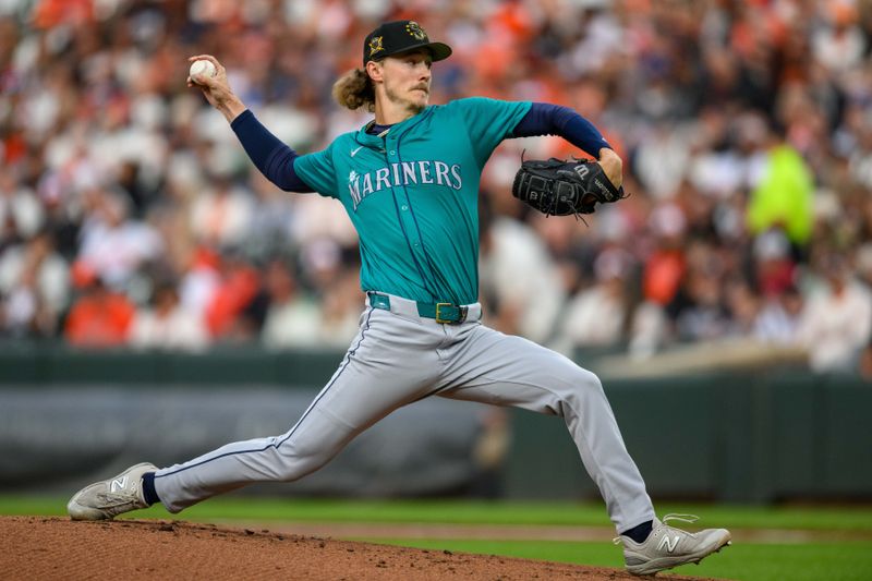 May 17, 2024; Baltimore, Maryland, USA; Seattle Mariners pitcher Bryce Miller (50) throws a pitch during the first inning against the Baltimore Orioles at Oriole Park at Camden Yards. Mandatory Credit: Reggie Hildred-USA TODAY Sports