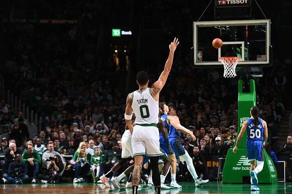 BOSTON, MA - DECEMBER 17: Jayson Tatum #0 of the Boston Celtics celebrates a three point basket during the game against the Orlando Magic on December 17, 2023 at the TD Garden in Boston, Massachusetts. NOTE TO USER: User expressly acknowledges and agrees that, by downloading and or using this photograph, User is consenting to the terms and conditions of the Getty Images License Agreement. Mandatory Copyright Notice: Copyright 2023 NBAE  (Photo by Brian Babineau/NBAE via Getty Images)