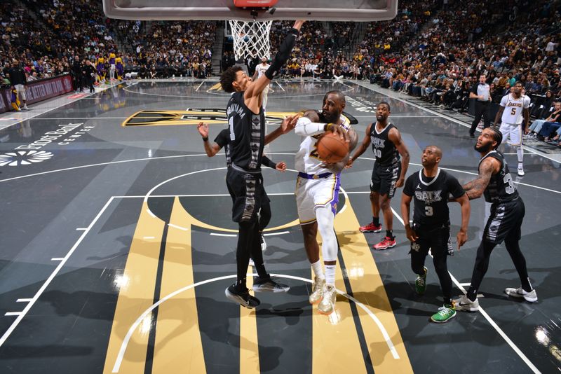 SAN ANTONIO, TX - NOVEMBER 15: LeBron James #23 of the Los Angeles Lakers looks to pass the ball during the game against the San Antonio Spurs during the Emirates NBA Cup game on November 15, 2024 at the Frost Bank Center in San Antonio, Texas. NOTE TO USER: User expressly acknowledges and agrees that, by downloading and or using this photograph, user is consenting to the terms and conditions of the Getty Images License Agreement. Mandatory Copyright Notice: Copyright 2024 NBAE (Photos by Jesse D. Garrabrant/NBAE via Getty Images)