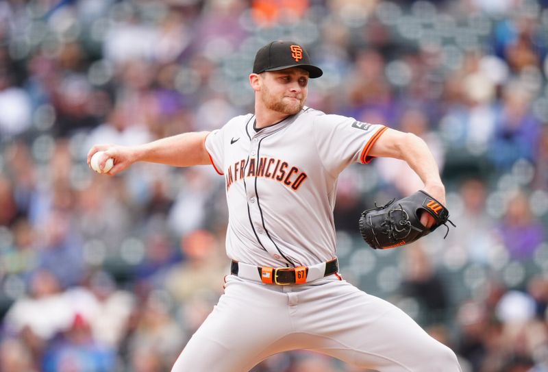 May 9, 2024; Denver, Colorado, USA; San Francisco Giants starting pitcher Keaton Winn (67) delivers a pitch in fifth inning against the Colorado Rockies at Coors Field. Mandatory Credit: Ron Chenoy-USA TODAY Sports