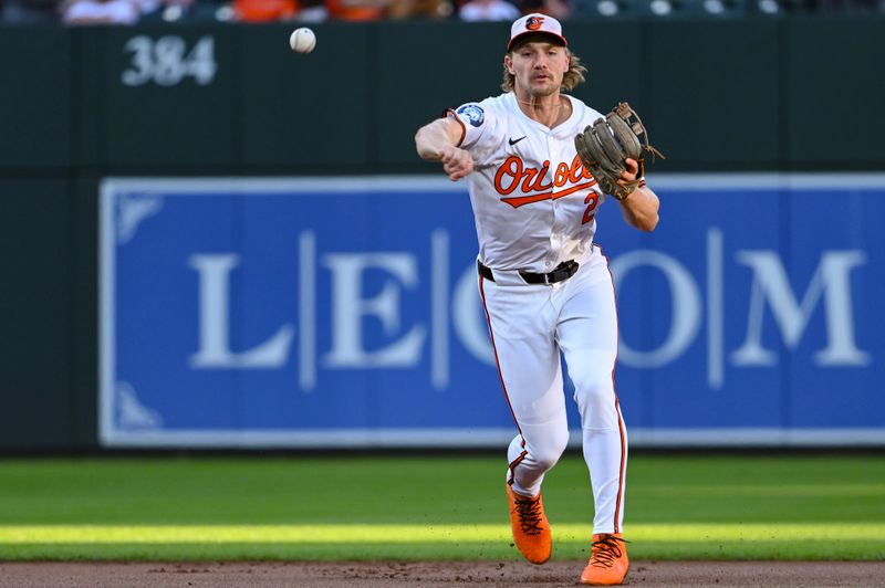 Sep 3, 2024; Baltimore, Maryland, USA;  Baltimore Orioles shortstop Gunnar Henderson (2) throws to first base during the second inning against the Chicago White Sox at Oriole Park at Camden Yards. Mandatory Credit: Tommy Gilligan-Imagn Images