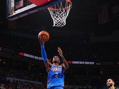 OKLAHOMA CITY, OK - JANUARY 2: Shai Gilgeous-Alexander #2 of the Oklahoma City Thunder drives to the basket during the game against the Boston Celtics on January 2, 2024 at Paycom Arena in Oklahoma City, Oklahoma. NOTE TO USER: User expressly acknowledges and agrees that, by downloading and or using this photograph, User is consenting to the terms and conditions of the Getty Images License Agreement. Mandatory Copyright Notice: Copyright 2024 NBAE (Photo by Zach Beeker/NBAE via Getty Images)