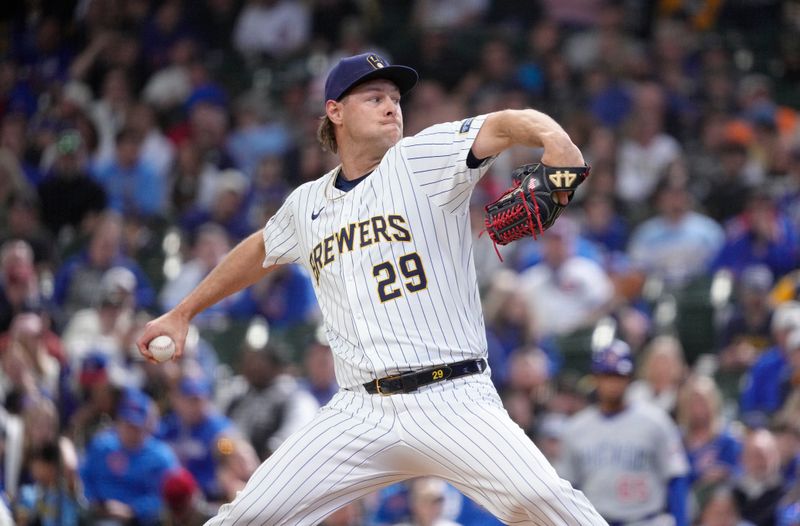 May 4, 2025; Milwaukee, Wisconsin, USA; Milwaukee Brewers pitcher Trevor Megill (29) delivers a pitch against the Chicago Cubs in the ninth inning at American Family Field. Milwaukee Brewers 4, Chicago Cubs 0. Mandatory Credit: Michael McLoone-Imagn Images